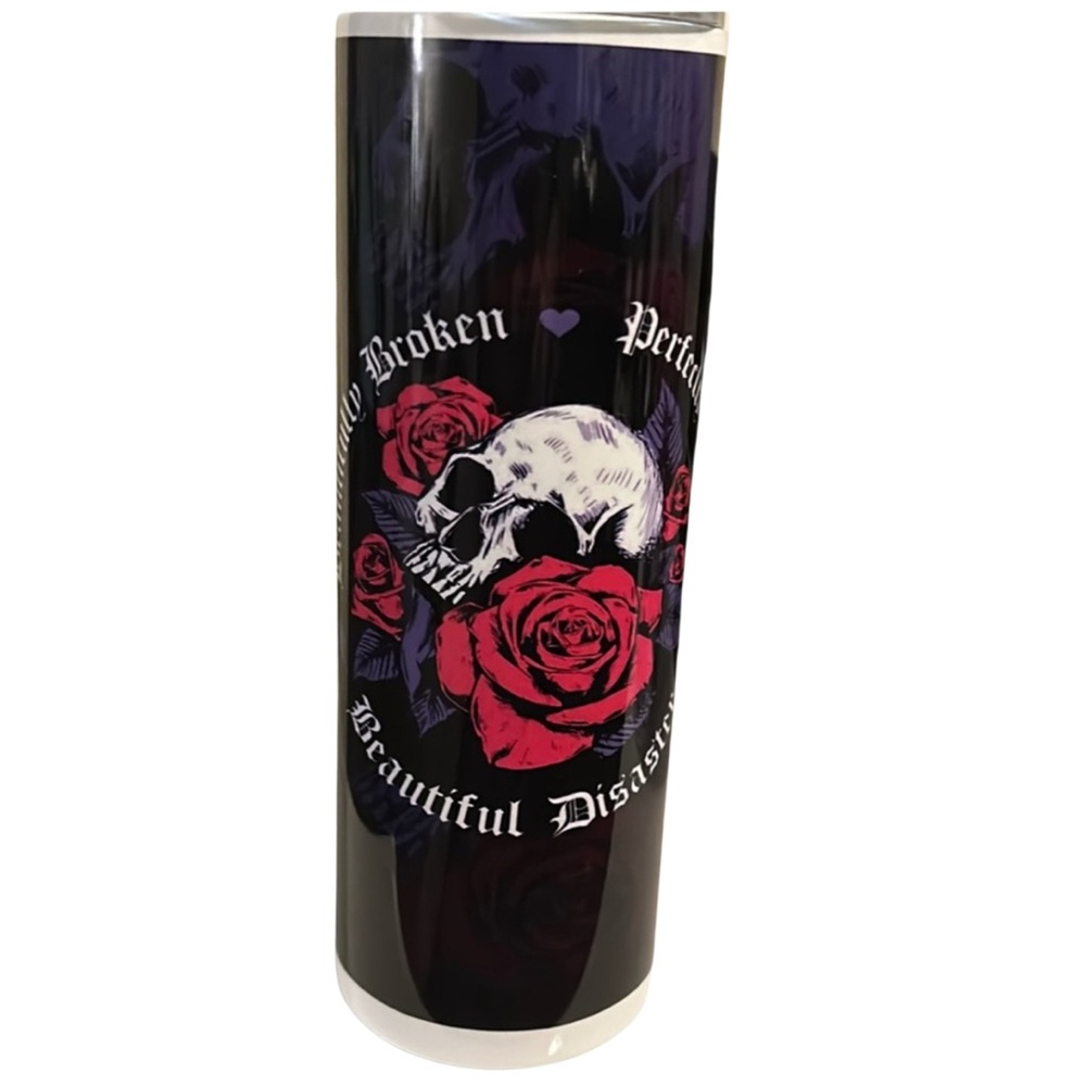 20oz tumbler, beautiful disaster inspired design, skull  with flowers.
